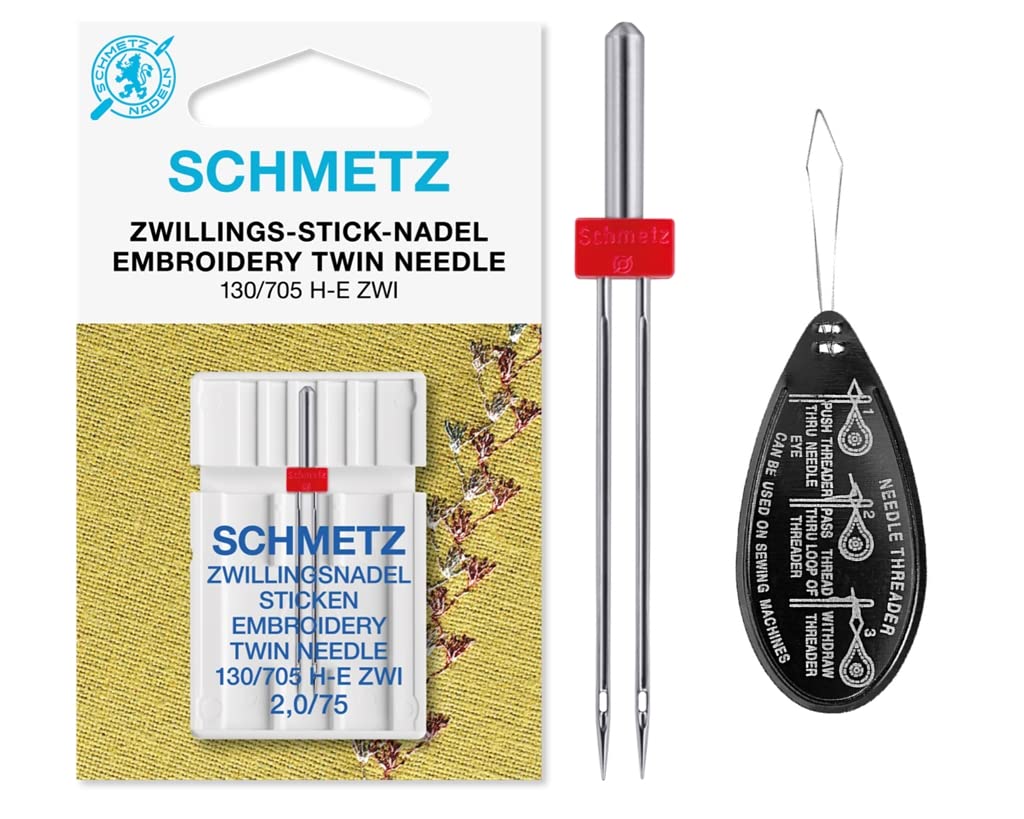 Ipc Sewing Parts Silver Embroidery Twin Sewing Machine Needle, Size 2.0/75, Includes Large Needle Threader