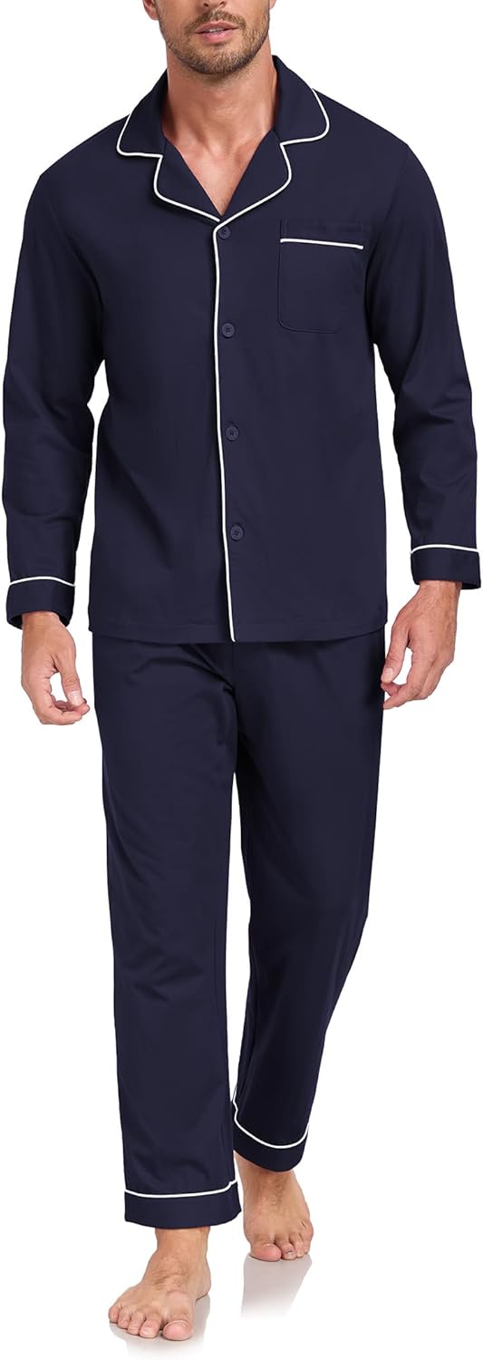 EA'S SECRET Men's Cotton Pajamas Set Button Down Pjs Set for Men Long Sleeve Knit Sleepwear Loungewear with Pockets