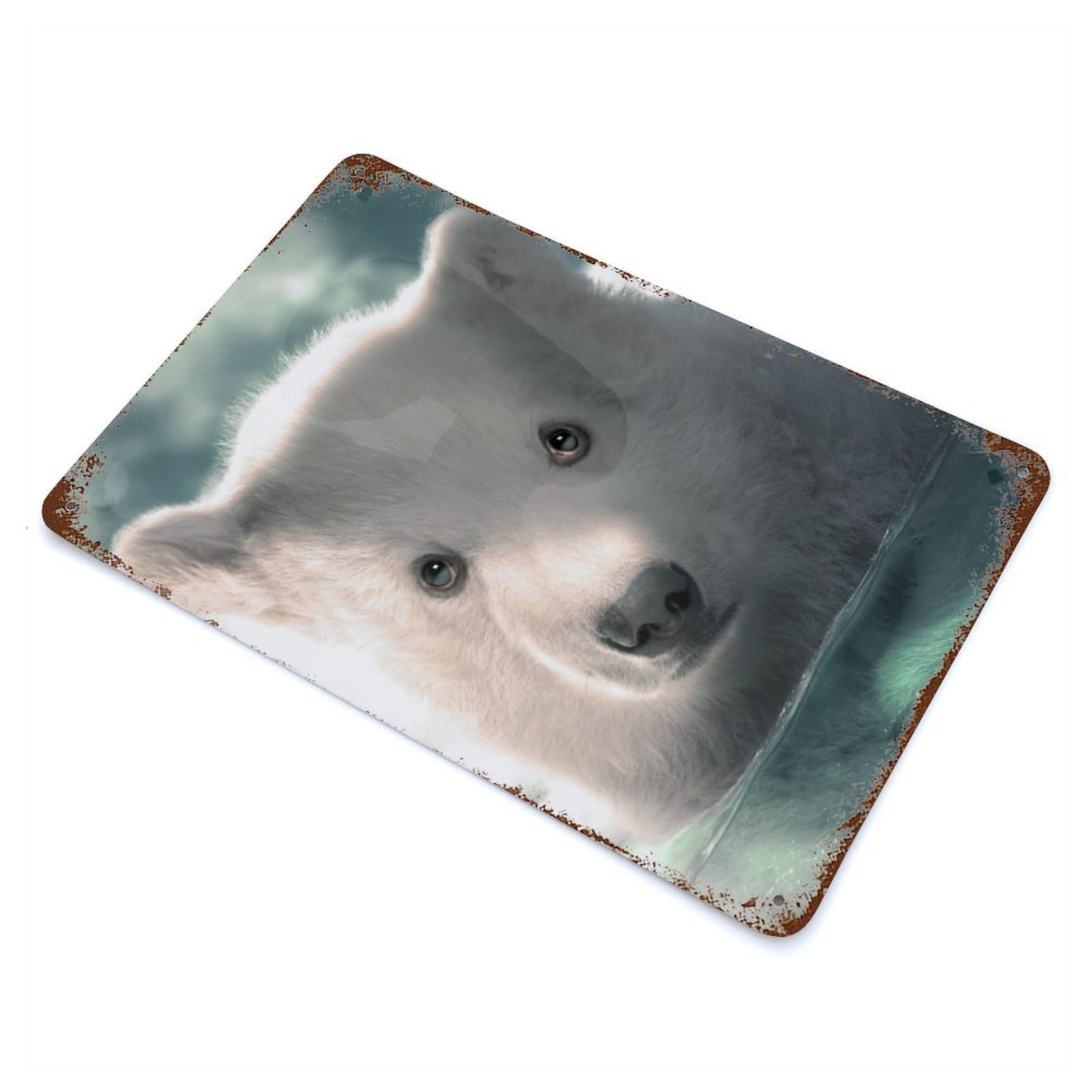 Polar Bear Cub 11.8"x7.9" Weathered Tin Sign, Classic Wall Plaque for Patio, Garden Room And Bar Decor