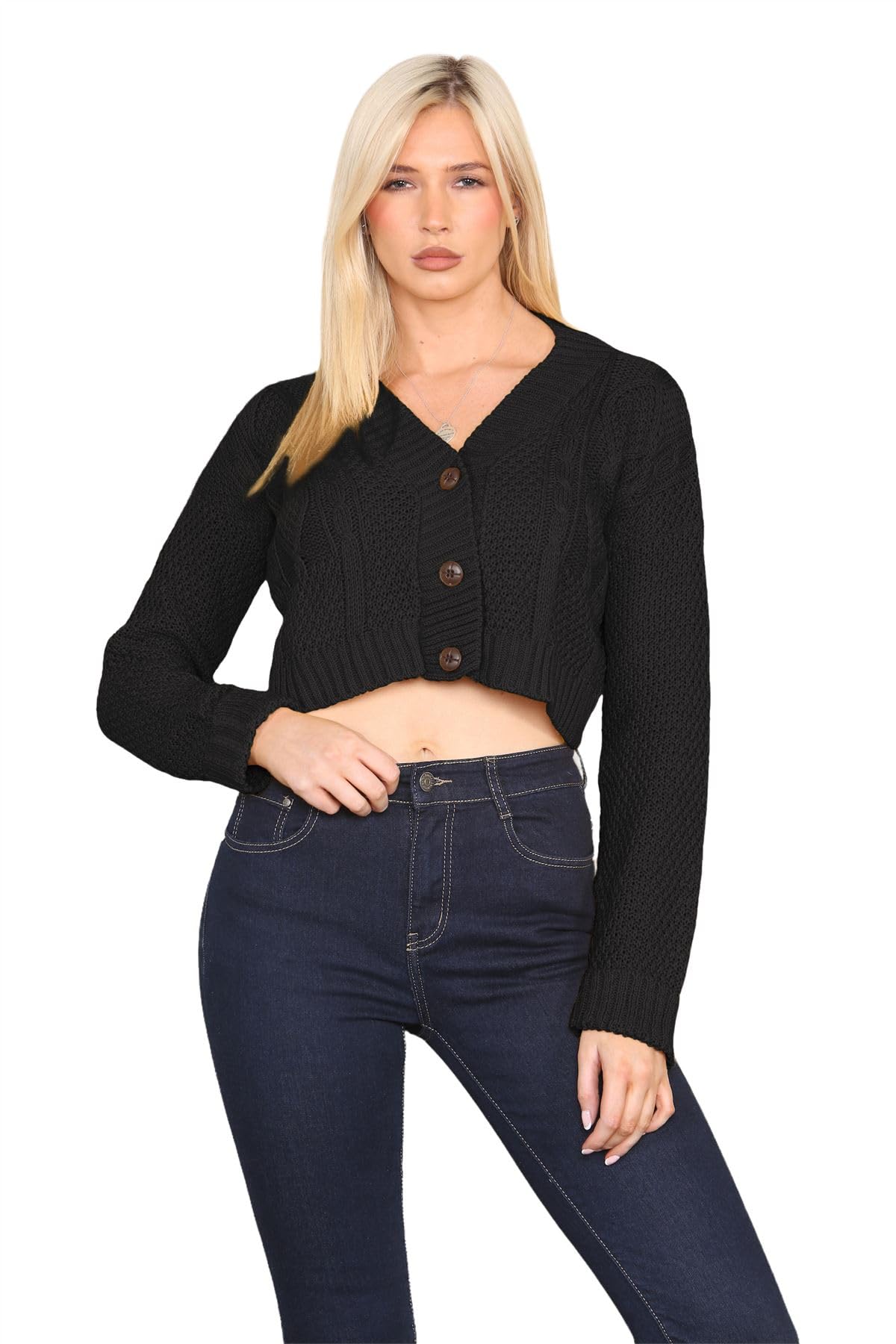 Janisramone Women's Black Janisramone® Cable Knitted Cardigan, 3 Buttons Cropped Jumper Casual, Long Sleeve Top, Chunky Winter Cardigans For Uk, Short Warm Sweater - Party Jumpers
