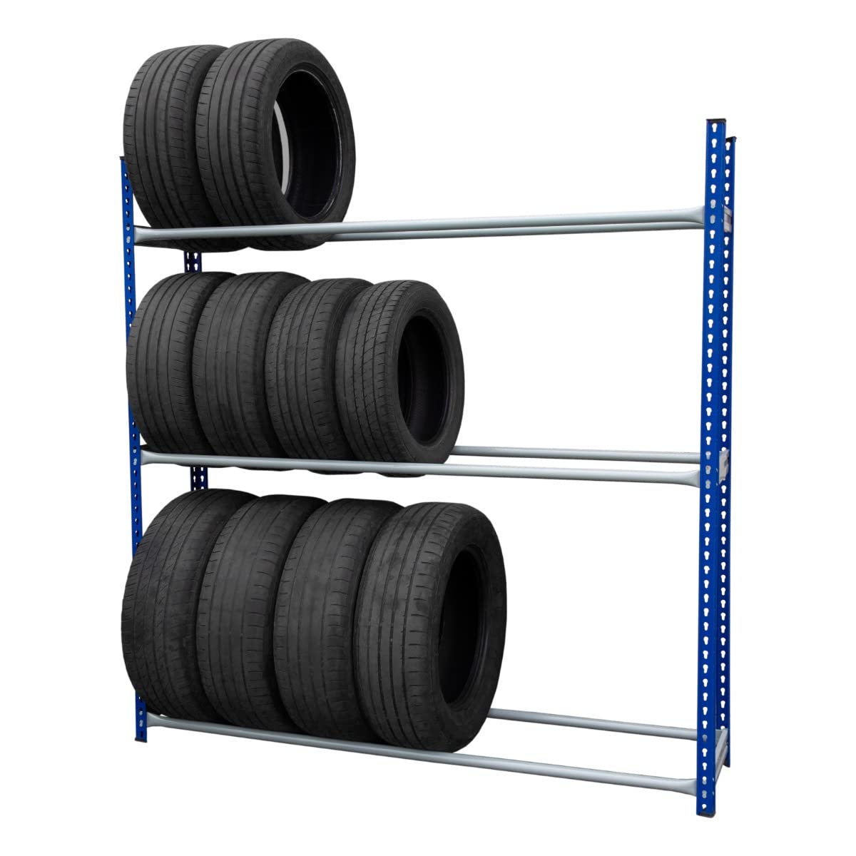 Regał do opon Magazyn kół bez śrub stalowa półka 450 kg pojemność 3-poziomowy stojak 24 opony ciężki garaż warsztat mechaniczny 185 cm x 180 cm x 40 cm BEZPŁATNY gumowy młotek i 2 złącza wnękowe