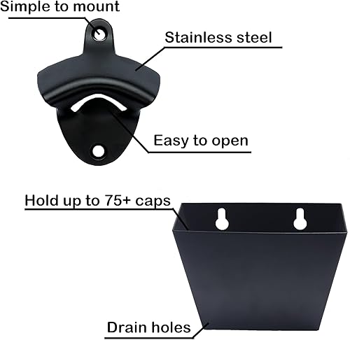 Miniatura 2 de Abrebotellas de montaje en pared negro con orificios de drenaje de acero inoxidable con captador de tapa