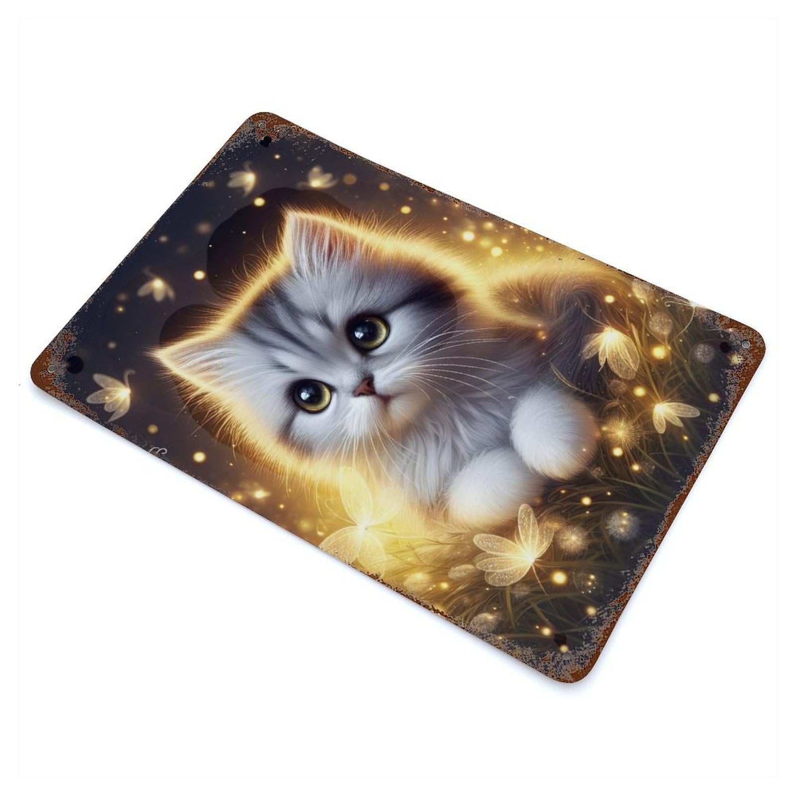 Garage Style Cute Kitten with Fireflies Decorative Tin Sign 11.8"x7.9", Farmhouse Wall Decor for Bar And Workshop