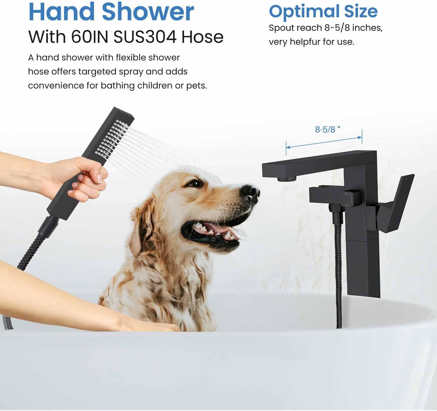 Hand shower being used to wash a dog in a bathtub