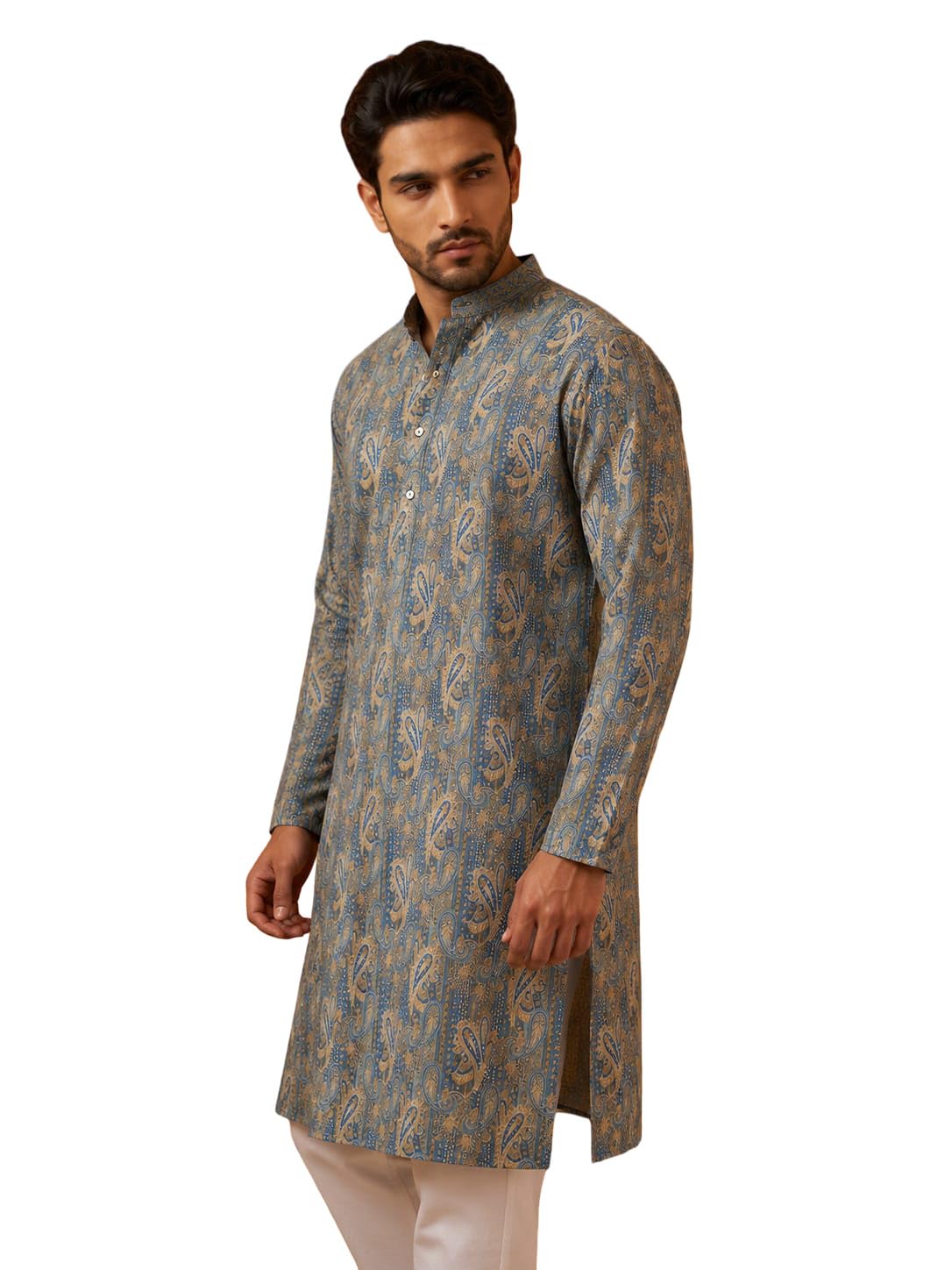 Men’s Paisley Printed Cotton Blend Kurta | Stylish Ethnic Long Kurta with Mandarin Collar | Traditional for Wedding, Party & Casual Occasions-picture-10