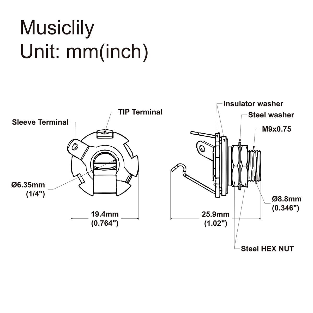 Musiclily Pro Gniazdo Jack 6,35mm Mono do Gitary Elektrycznej i Bas, Nikiel