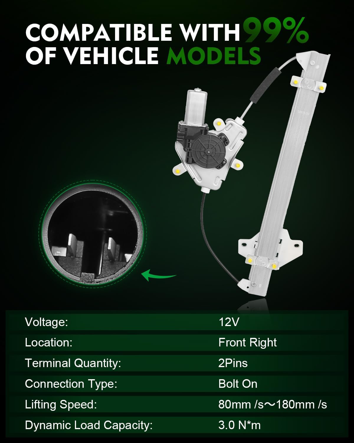 Front Right Power Window Regulator with Motor for:-Hyundai Accent 2012 2013 2014 2015 2016 2017, Fit for Accent 12 13 14 15 16 17 with 2 Pins OE# 82404-1R110 125-59200R 82404-0U010