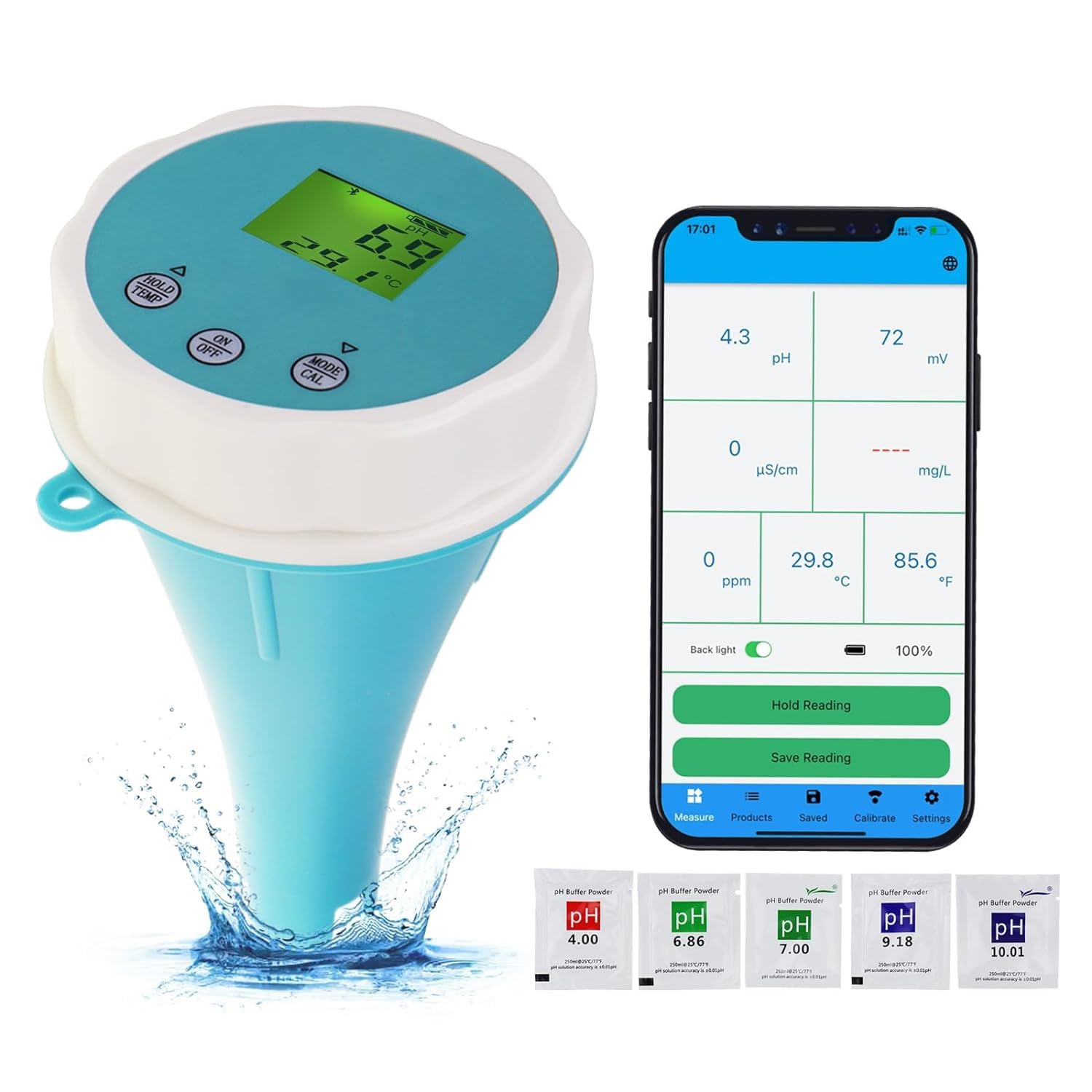 Tester dell'Acqua,Tester della qualità dell'Acqua Bluetooth for PH/Orp/EC/Tds Temperatura Tester Cloro residuo,termometro Galleggiante for Piscina WiFi Impermeabile IP67 con Bluetooth