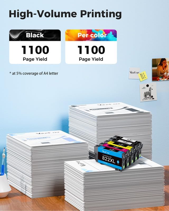 822XL Ink Cartridges Remanufactured Replacements for Epson 822XL Ink Cartridges for Epson WF-3820 Printer Ink Workforce Pro WF-4820 WF-4830 WF-3823 WF-4833 WF-4834(2Black, 1Cyan, 1Magenta, 1Yellow)