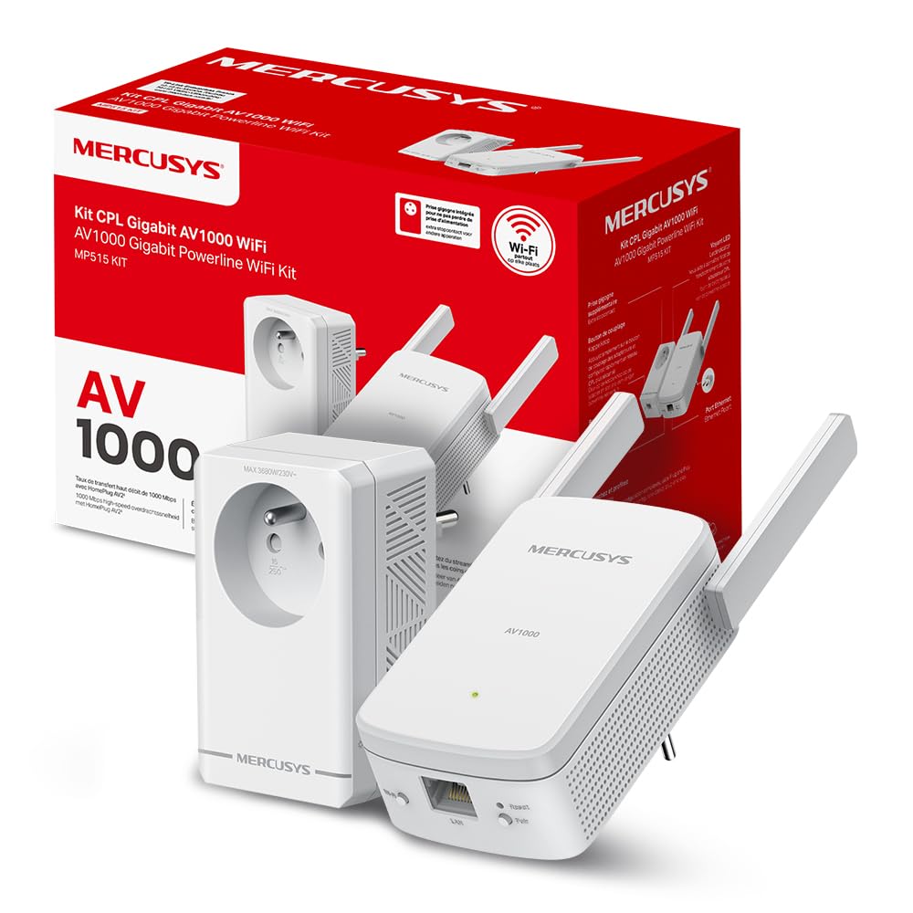 Mercusys CPL WiFi AV1000 Mbps WiFi 1000 Mbps, Kit de 2 MP515 | Compatible toutes box Fibre, Plug & Play, Profitez d'un WiFi rapide grâce au réseau électrique, Idéal pour le Streaming 4K