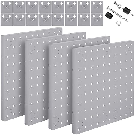 4 Pieces Pegboard Wall Mount Display Pegboard Wall Panel Kits Pegboard Organizer Accessories, 2 Installation Methods, No Damage to The Wall for Garage Kitchen Bathroom Office (Gray)