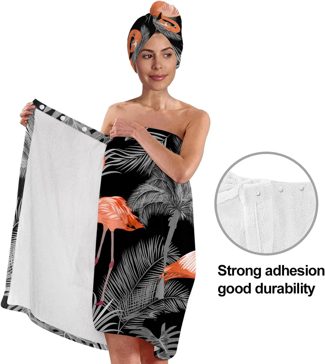 Flamingo Palm Leaves Print Body Bath Towel Wrap & Hair Towel Wrap for Women Girls, Soft Bath Shower Wrap & Hair Drying Towel Set, Quick Dry, Absorbent, Suitable for Spa, Shower, Bath, Gym, Pool (FP8)