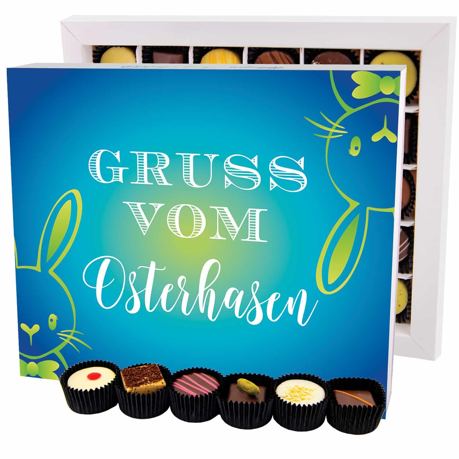 Hallingers Genuss Manufaktur Pralinen Oster-Geschenk - ohne Alkohol, handmade aus Confiserie-Edelkakao in wertiger XXL-Geschenkbox "Gruß vom Osterh...", Ostern Körbchen für Frauen Männer