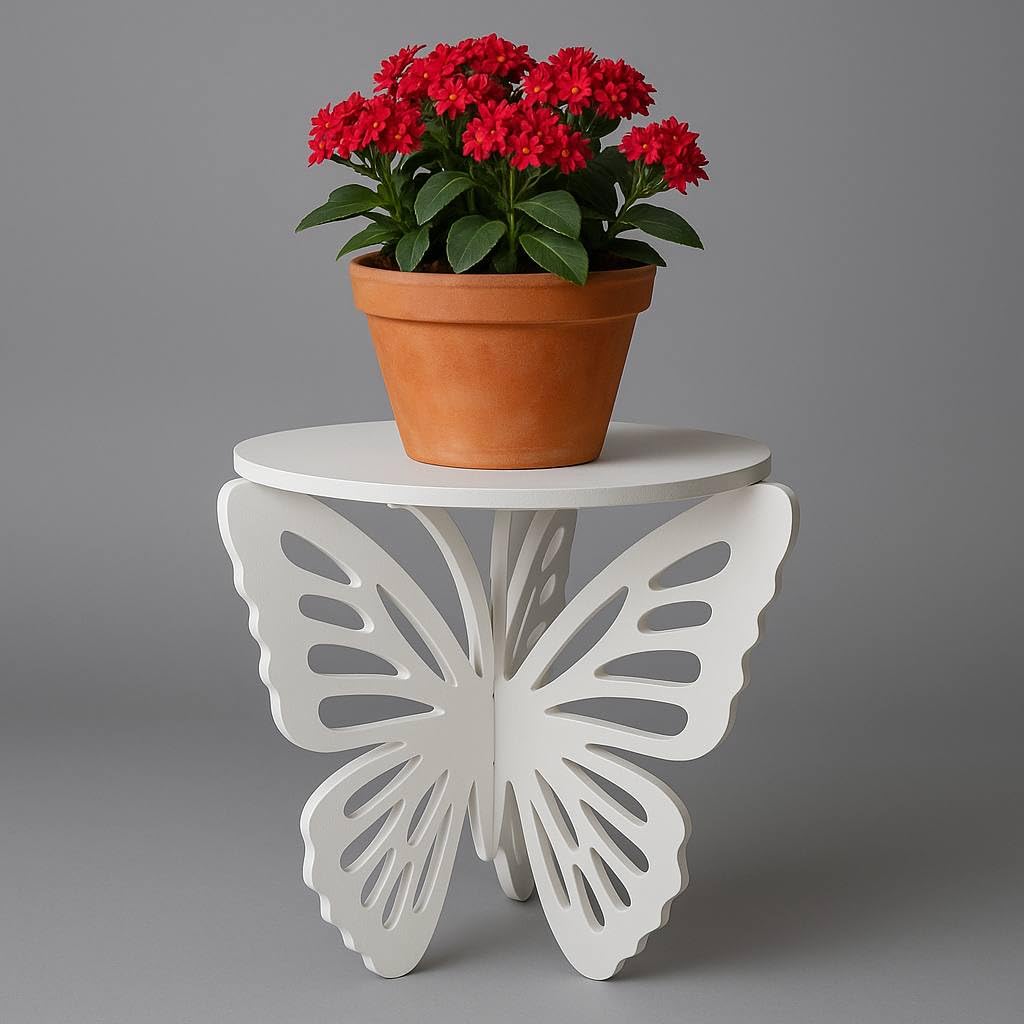 kveer Wood Butterfly Design Wooden Side Table – White MDF Plant