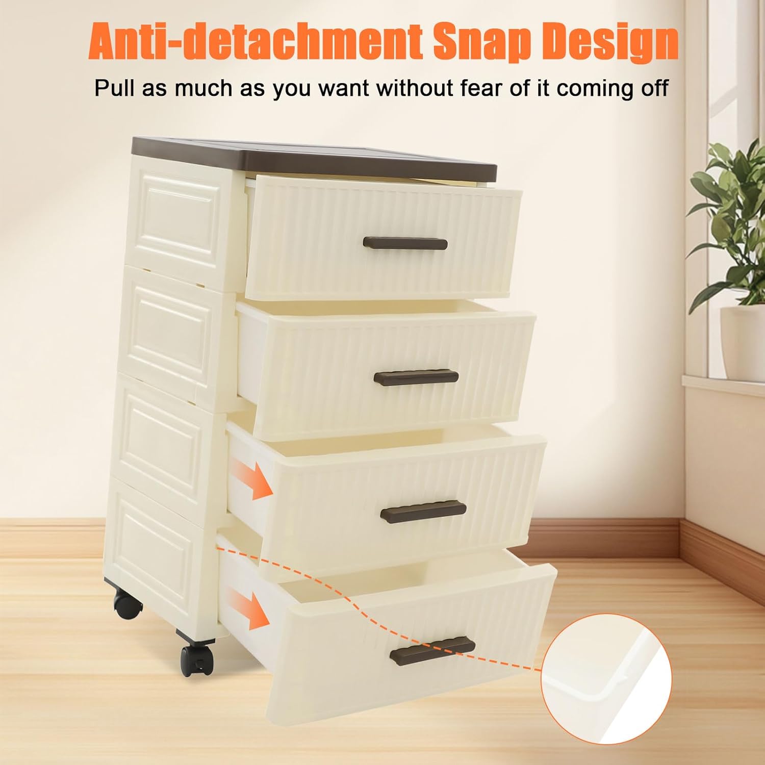 Peakor 4-Tier Storage Organizer Cart with 4 Sealed Drawers & 2 Lockable Wheels, Mobile Organizer Multi-Purpose Rolling Drawers for Kitchen Office Bedroom, Creamy Beige