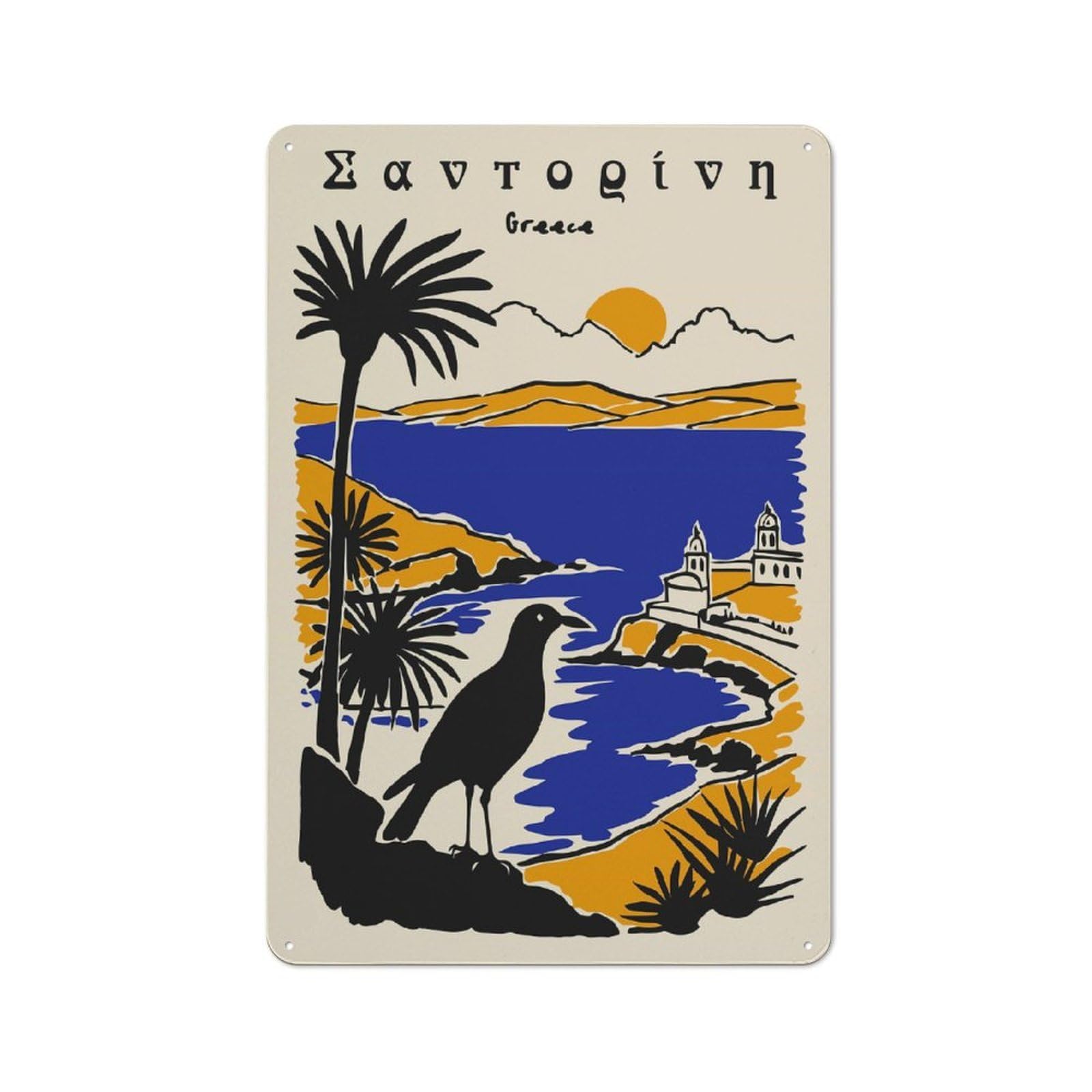 Junmoney Style-24 Metal Wall Plaque With Santorini Greece Vintage Design 30X20cm, Retro Room Wall Plaque For Home, Shop, Pub Or Studio Wall