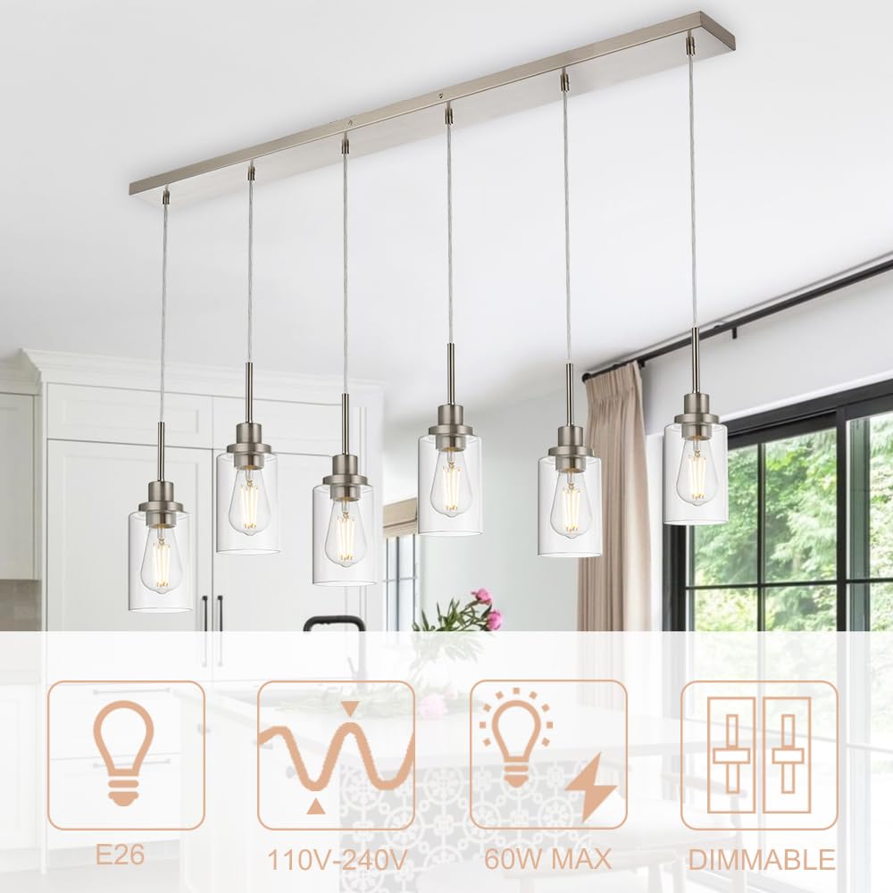 WINSHEN 6-Lights Pendant Lighting for Kitchen Island in Brushed Nickel, Ceiling Light Fixtures with Adjustable Hanging Wire & Clear Glass Shades