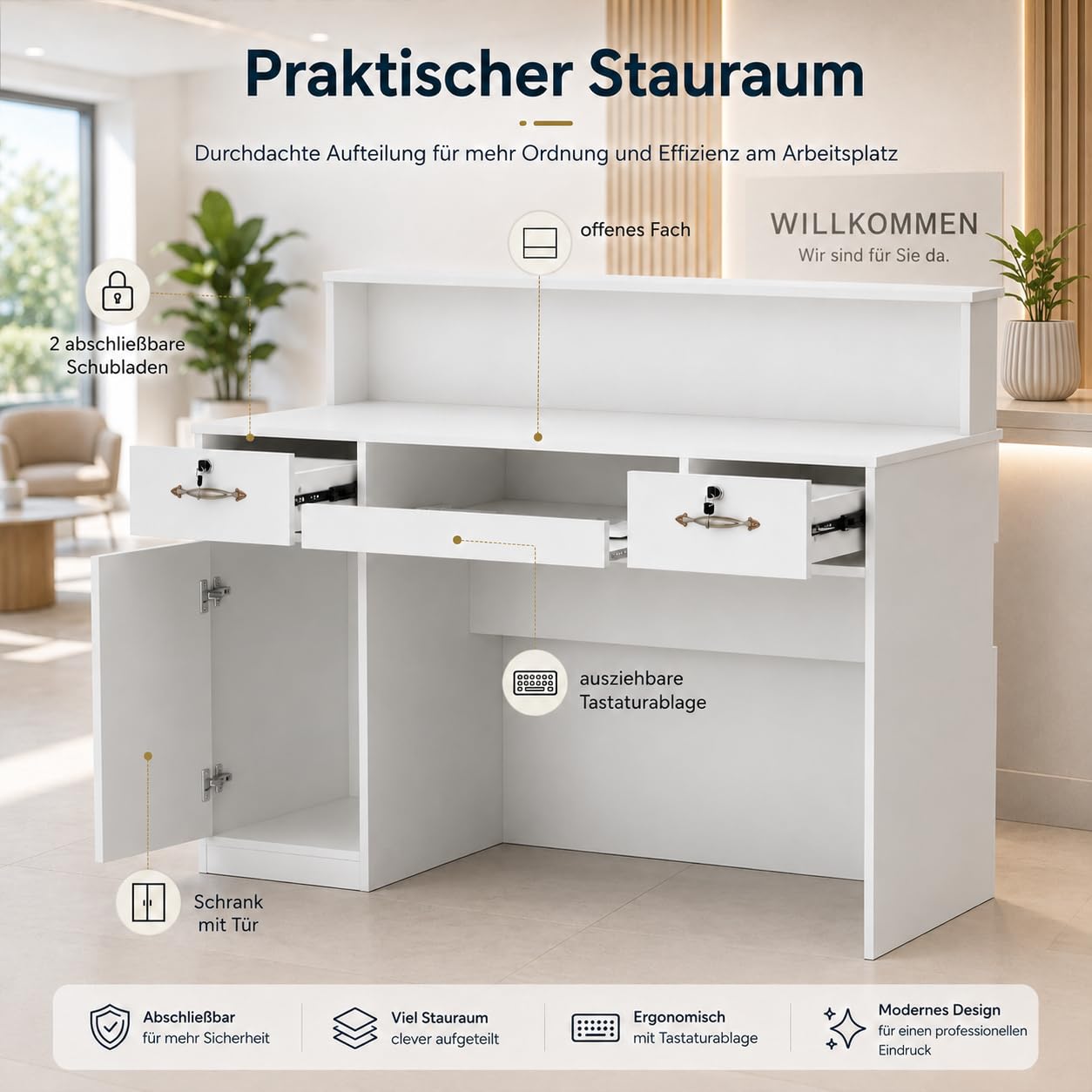 Empfangstheke Weiß 50 x 120 x 100 cm mit Schubladen für Hotel und Geschäft