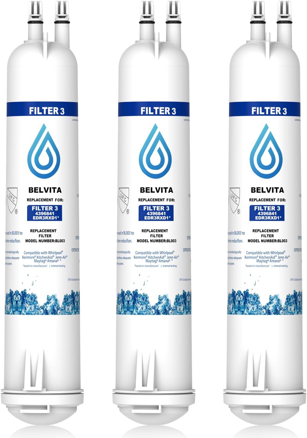 BELVITA Compatible with 4396841 Refrigerator Water Filter, EDR3RXD1, KAD3RXD1, WHR3RXD1, 4396841, 4396710, Filter 3, 46-9083,46-9030, 9030, 9083 Refrigerator Water Filter, 3 Filters BELVITA Compatible with 4396841 Refrigerator Water Filter, EDR3RXD1, KAD3RXD1, WHR3RXD1, 4396841, 4396710, Filter 3, 46-9083,46-9030, 9030, 9083 Refrigerator Water Filter, 3 Filters