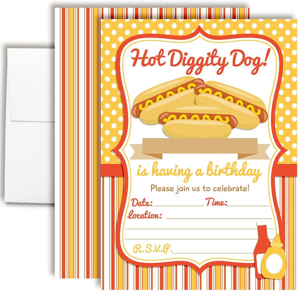 Amanda Creation Hot Dog BBQ Party Theme Fill-In Invitations Set, 20 Count 5 x 7 Cards with White Envelopes, Fun Grilling Theme for Birthdays, Graduations and Reunions, Made in USA