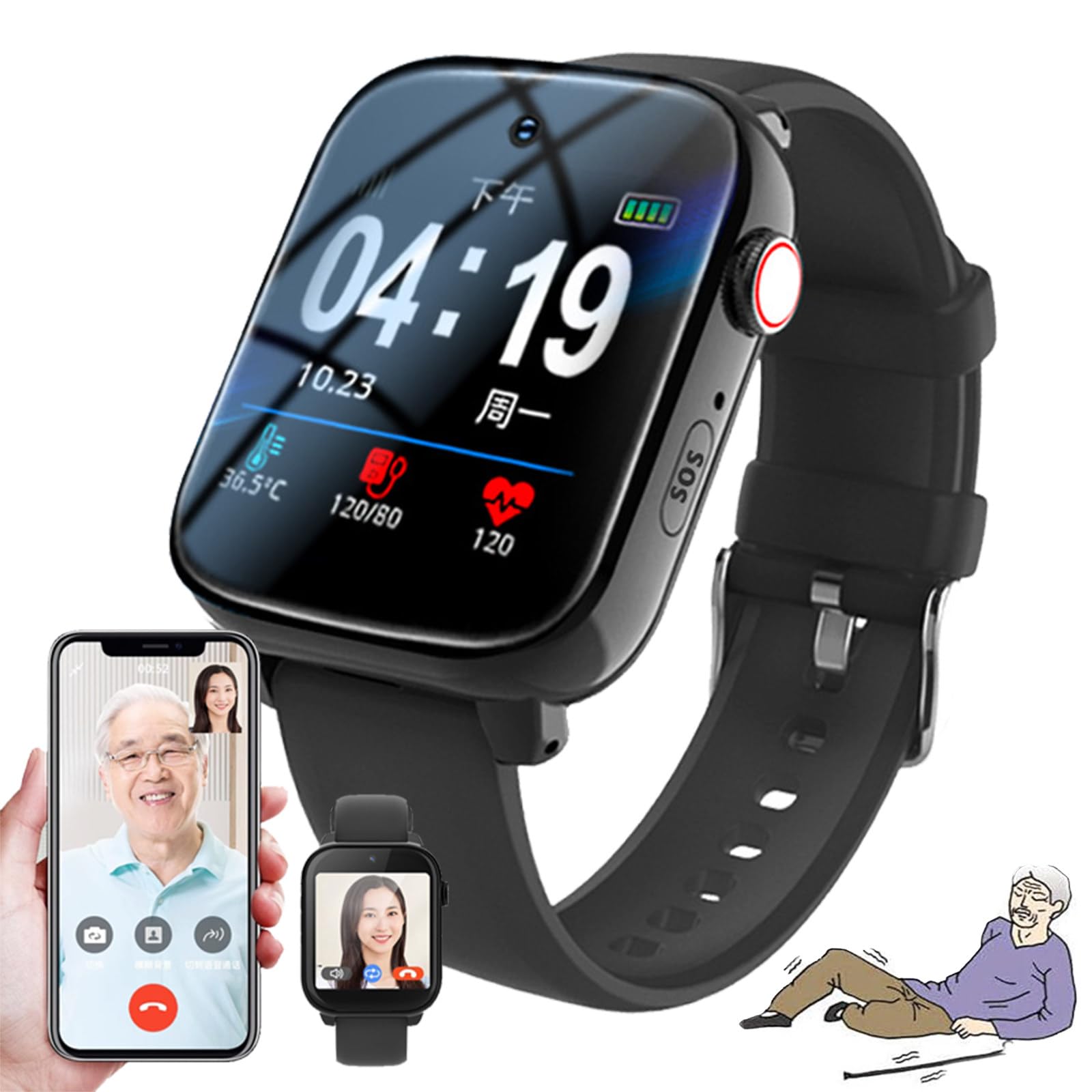 Smartwatch Z Wykrywaniem Upadków Dla Seniorów, Połączenie Alarmowe Sos, Lokalizator Gps Dla Osób Z Demencją I Chorobą Alzheimera, Monitorowanie Stanu Zdrowia, Połączenia Wideo HD