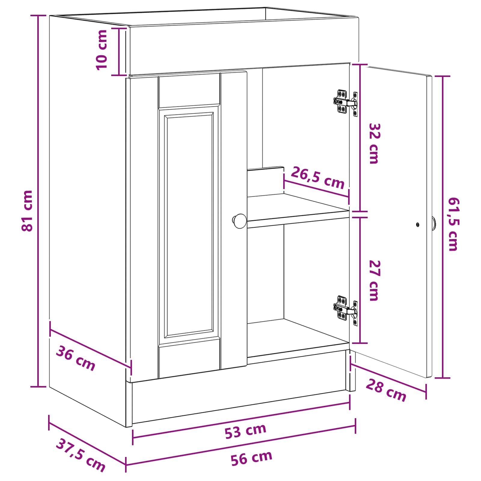 Mobile sottolavabo in rovere Artisan, 56 x 37,5 x 81 cm, in legno, con ante a pendente, maniglie a bottoni, nero, 1 set per bagno