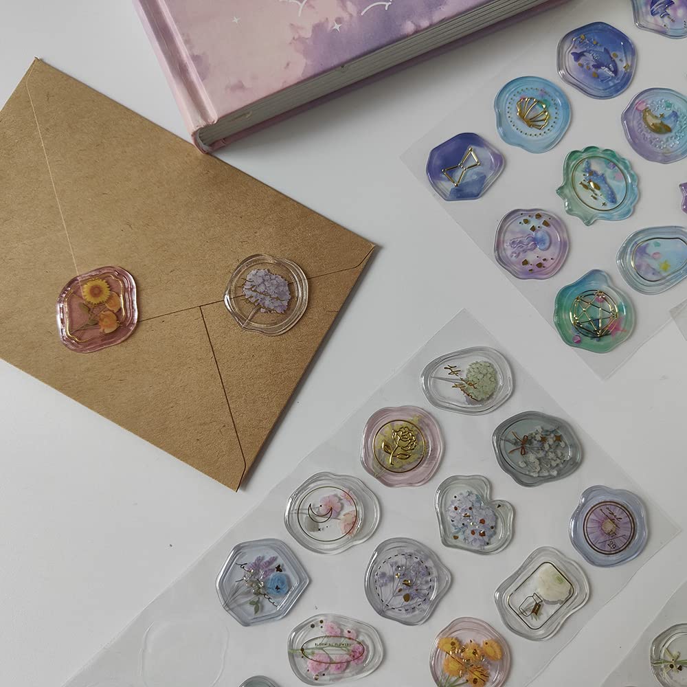 48 Autocollants Cire Pour Enveloppes - Motifs Fleurs, Couleurs Rose, Violet, Vert, Bleu - Pour Mariage, Fête