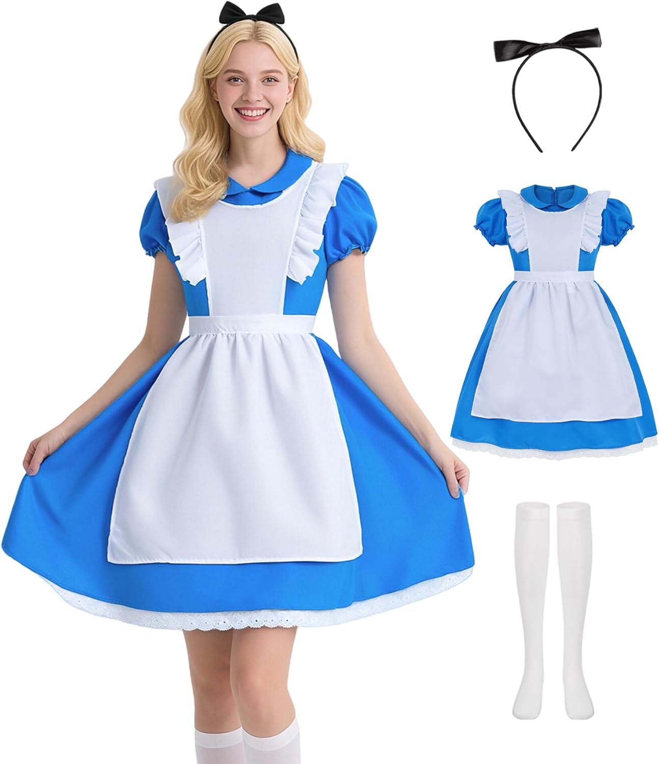 Adult Blue Dress Costume for Women Halloween Princess Costumes with Socks Hairband
