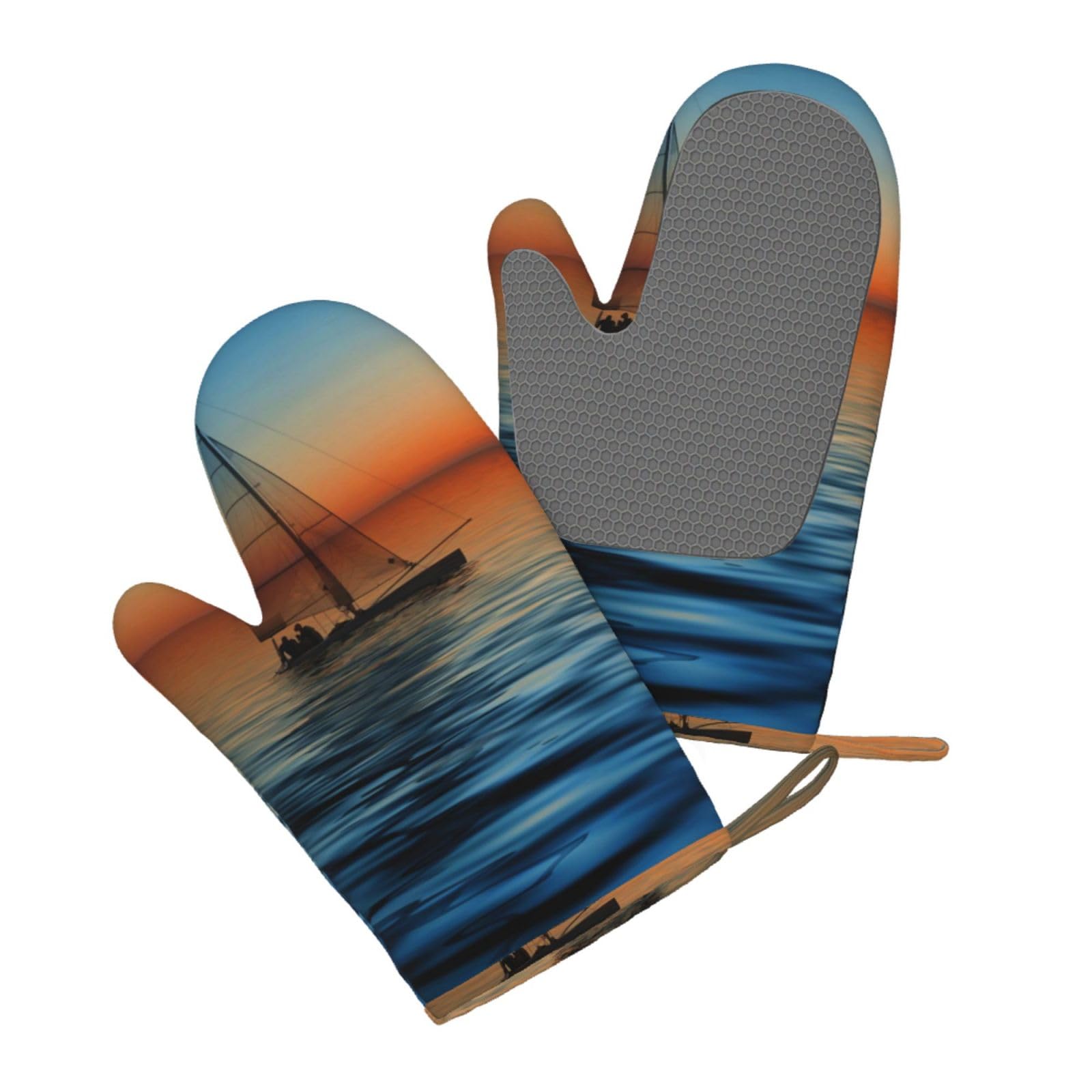 Silicone Oven Mitts Set 2PCS, Sunset Beach Sailboat Printed Heat Resistant Non-Slip Silicone Oven Gloves for Kitchen Cooking Baking Microwave