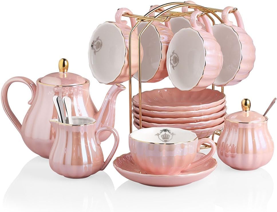 Sweejar Porcelain Tea Sets British Royal Series, 8 OZ Cups& Saucer Service for 6, with Teapot Sugar Bowl Cream Pitcher Teaspoons and tea strainer for Tea/Coffee (Coral Pink)