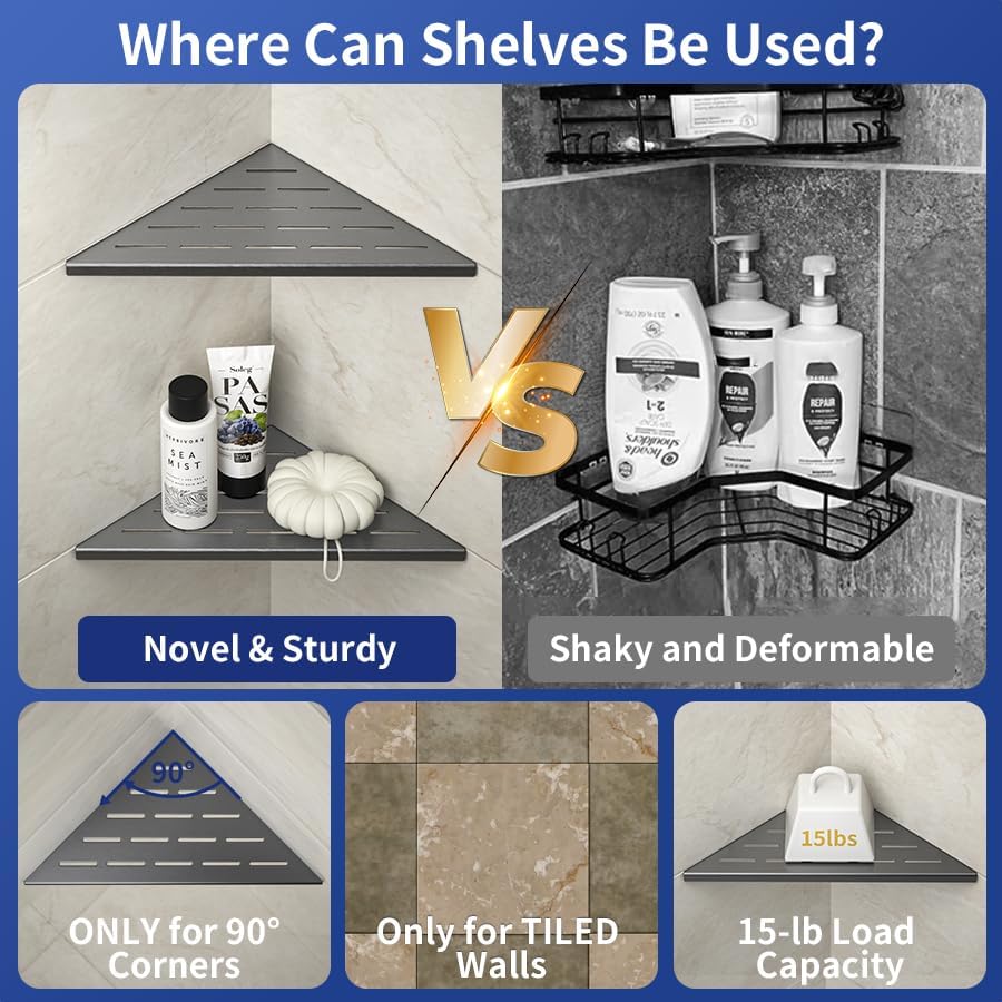 Miniatura 5 de Estante esquinero de ducha, estantes de baño de acero inoxidable 304 con diseño de ranura para pared de azulejos, soporte empotrado para champú para