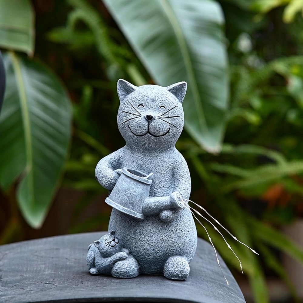 Statue Chat Jardin Résine pour déco Extérieur Lumière LED Automatique Ornement Terrasse 26cm