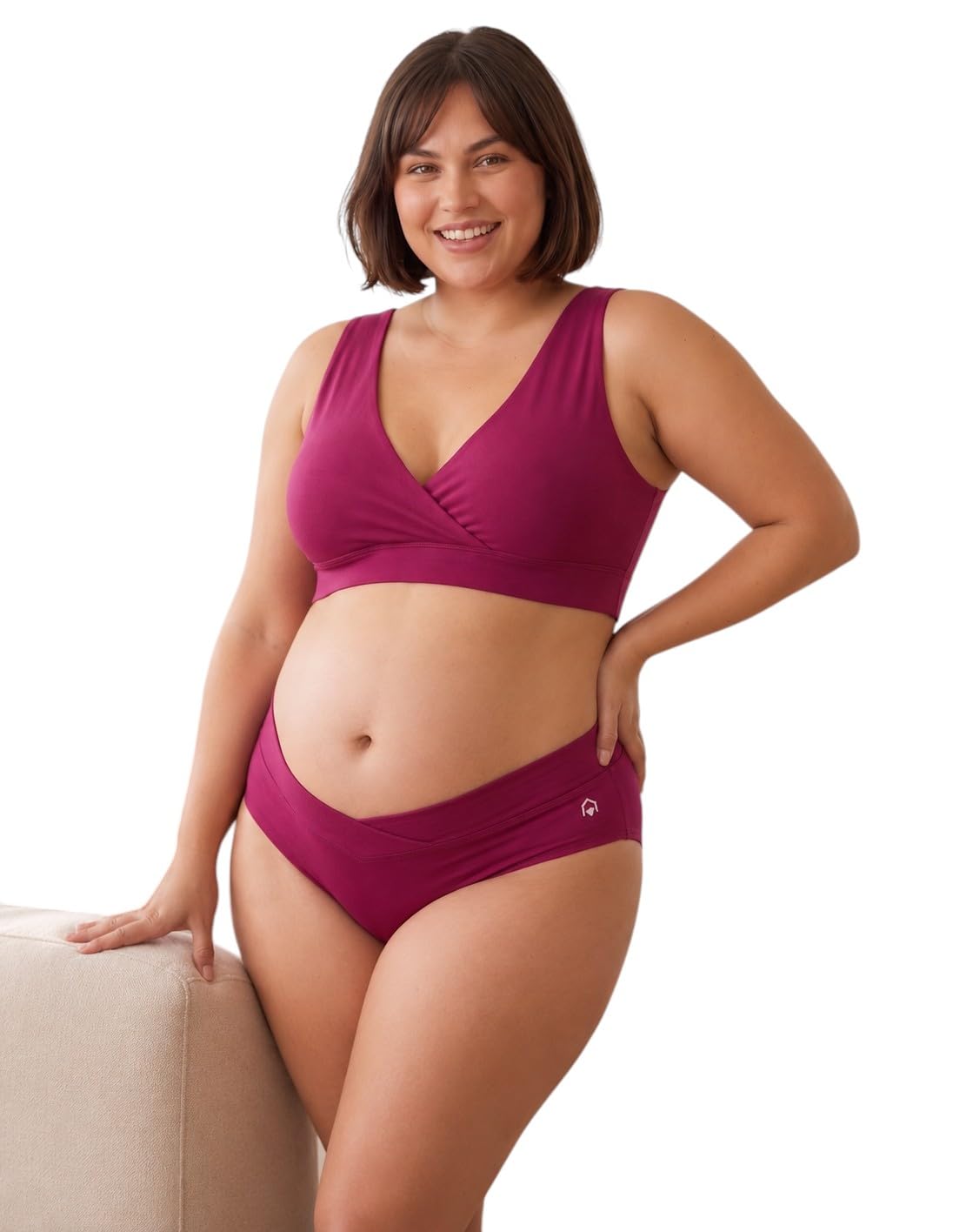 Maternity Nursing Bra and Panty Set, Padded Wirefree Breastfeeding Lingerie, Soft Modal Seamless Pull Down Feeding Bra with Low Rise Underbump Pregnancy Underwear Combo for Women (Magenta, 36)-image-46