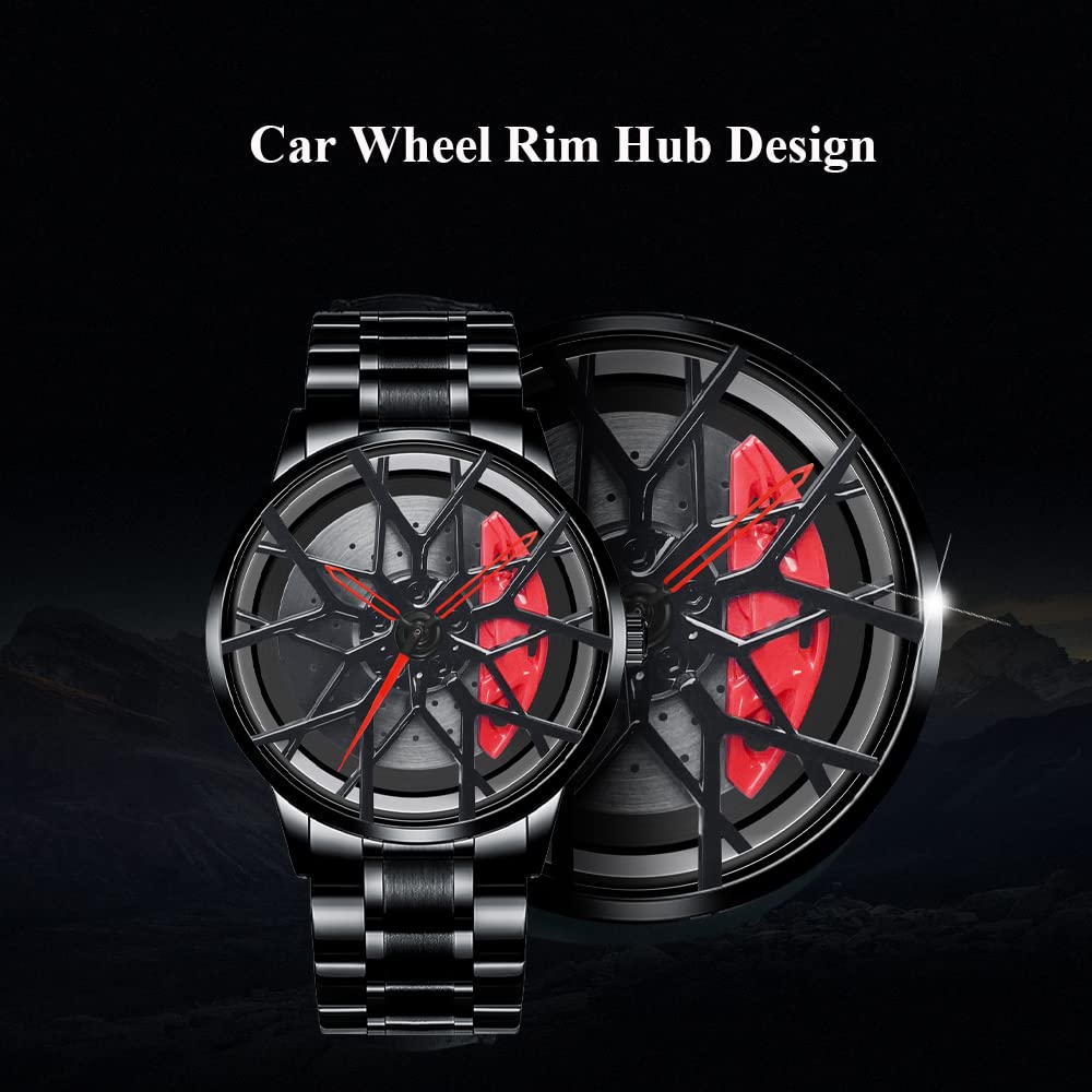 BOYADKA Car Wheel Waterproof Stainless Steel Japanese Quartz Wrist Watch Sports Men's Watch with Car Wheel Rim Hub Design for Enthusiasts (Red)