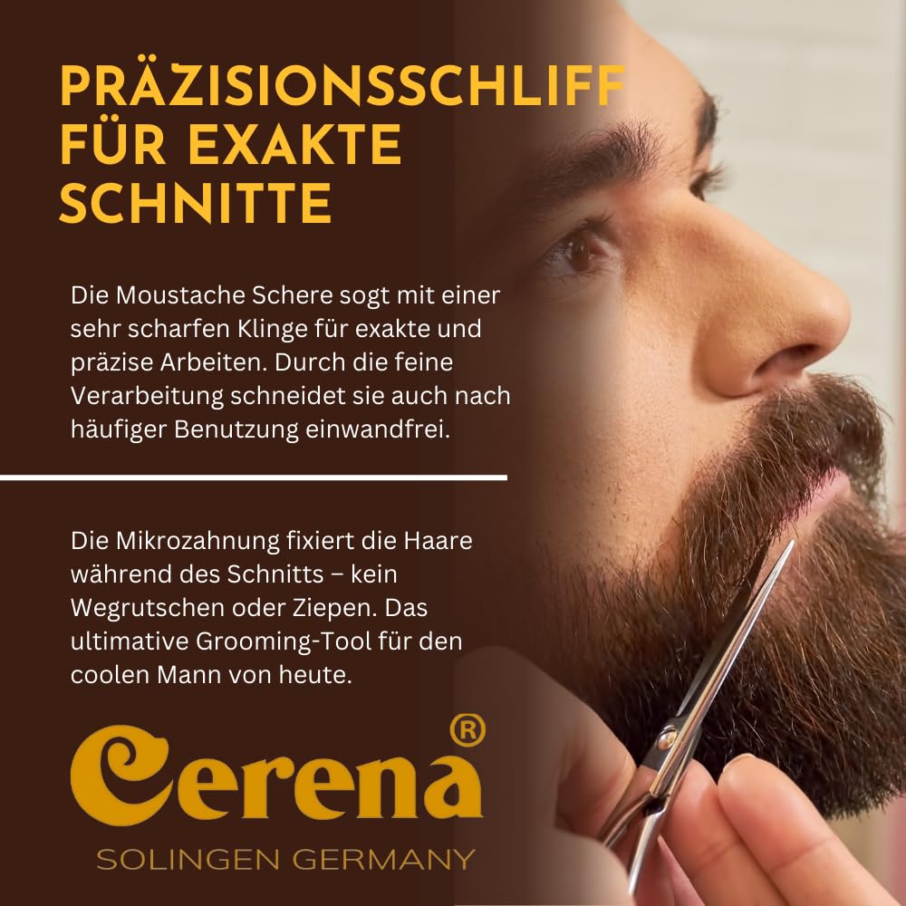 Cerena Bartschere Moustache 4,5" (11,5 cm) – Professionelle Bartpflege für Herren – Nasenhaarschere, Friseurschere aus Edelstahl – Made in Germany