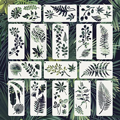 WANDIC Tropical Leaf Stencils, 16 Pieces Large Fern Palm Leaf Pattern Stencils Botanical Leaf Templates for Wall Home Painting Decoration Art Crafts Making