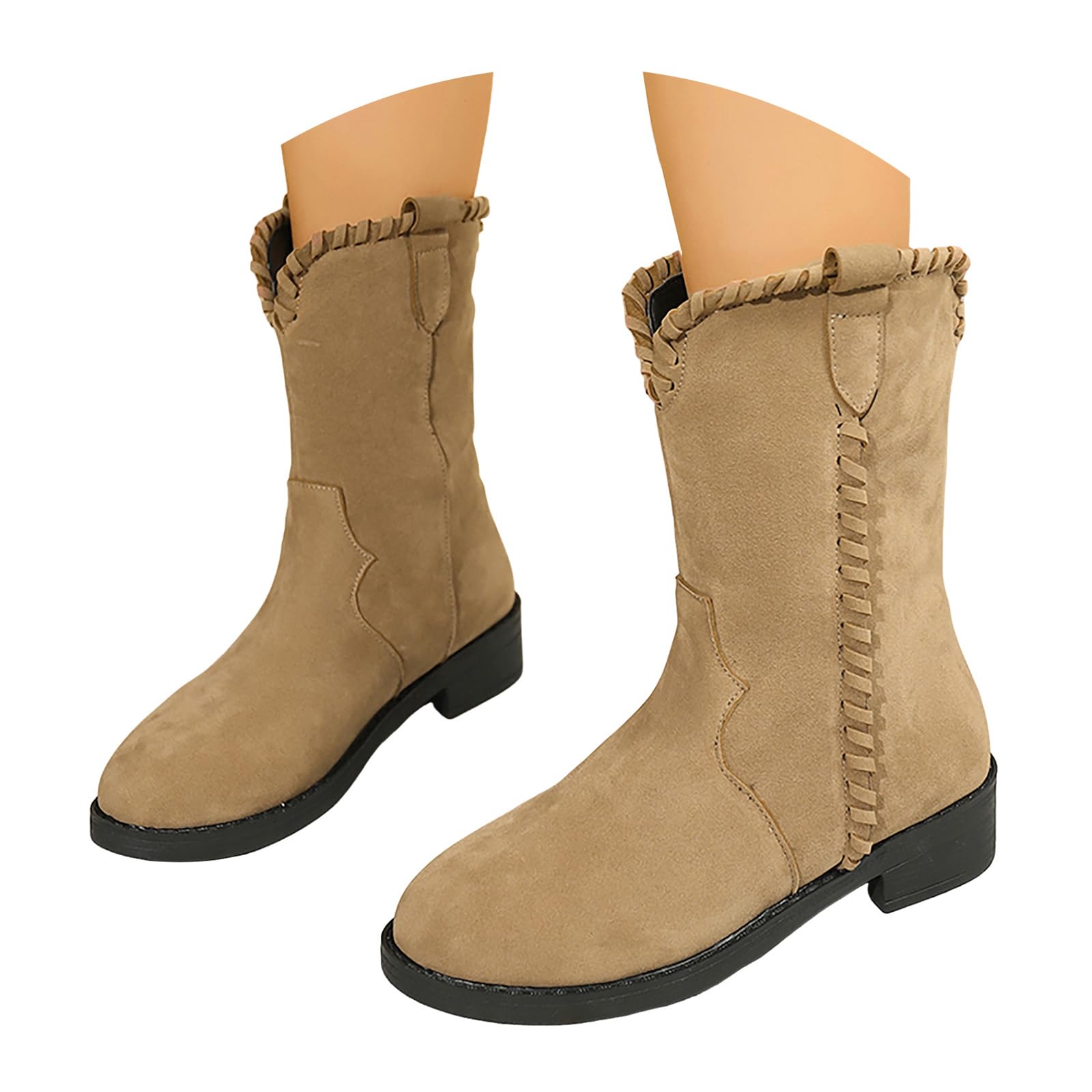 ZSpzx Women Suede Mid Calf Boots Wide Calf Chunky Block Low Heel Vintage Almond Toe Solid Color Casual