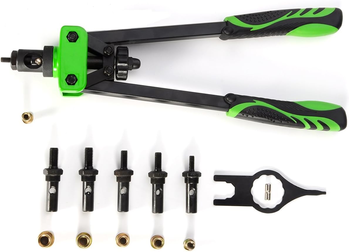 14" Hand Rivet Nut Setter Kit-with 6 Interchangeable Metric & SAE Mandrels (M6 M8 M10& 1/4-20 5/16-18 3/8-16) and 90PCS General Specification Rivnuts, with Storage Box