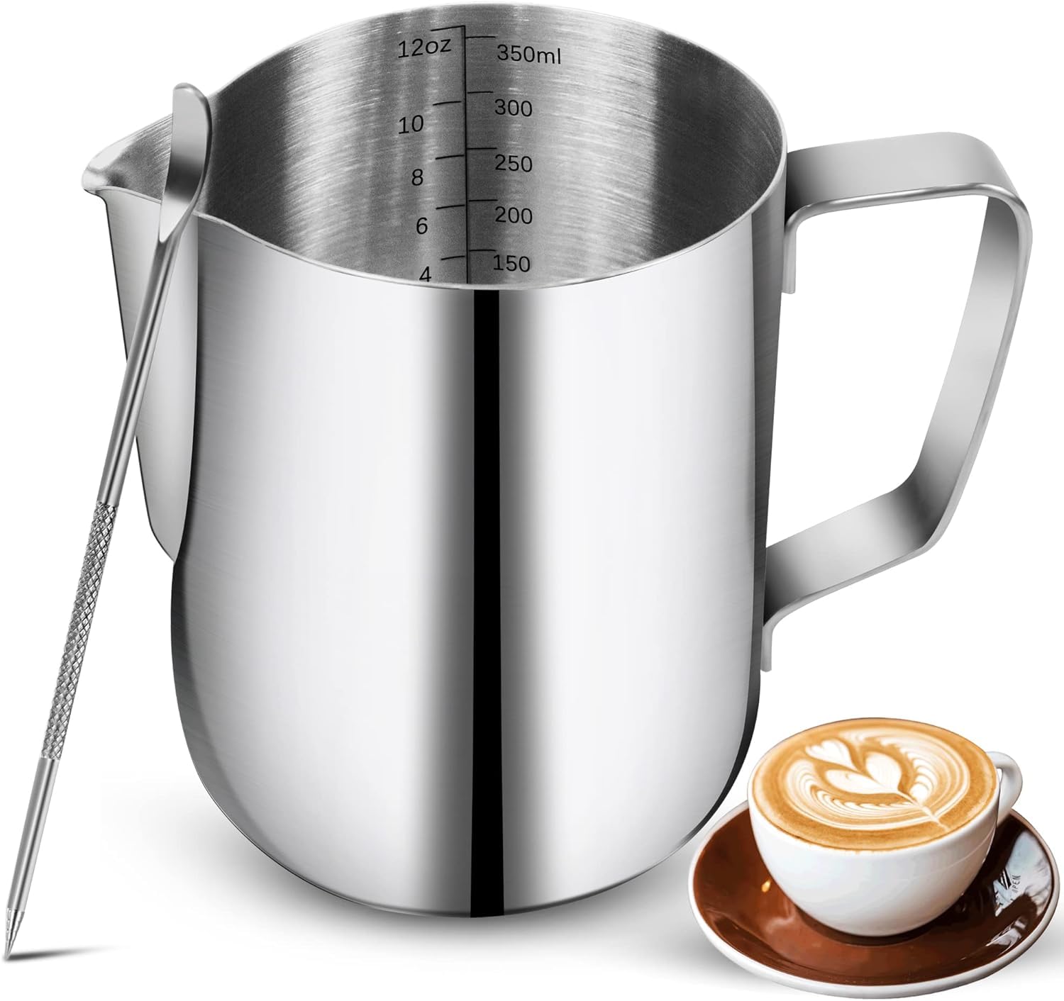 Milk Frothing Pitchers,304 Stainless Steel Milk Frothing Pitcher 12oz Milk Frothing Jug Espresso Steaming Pitcher Espresso Machine Accessories with Art Deco Pen for Cappuccino,Latte,Espresso