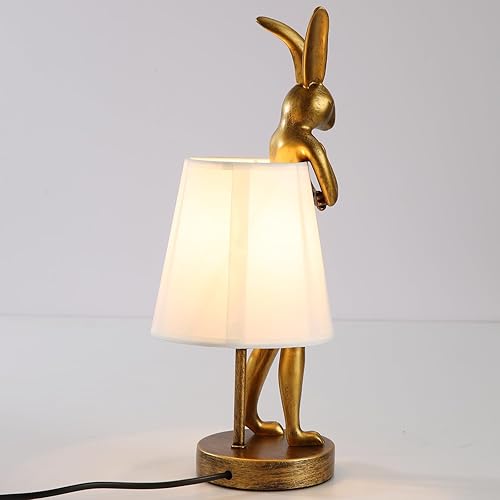 Miniatura 3 de Lámpara de mesa de conejo, luz de escritorio de conejo de resina dorada de 15.7 pulgadas con pantalla de tela blanca, mesita de noche de los niños,