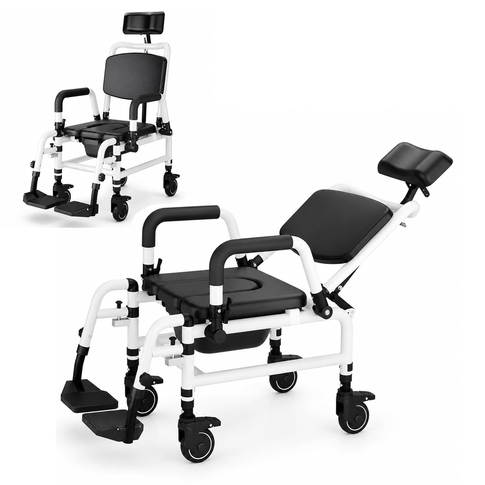 Silla WC Reclinable 4 En 1, Silla De Ducha Móvil con Frenos
