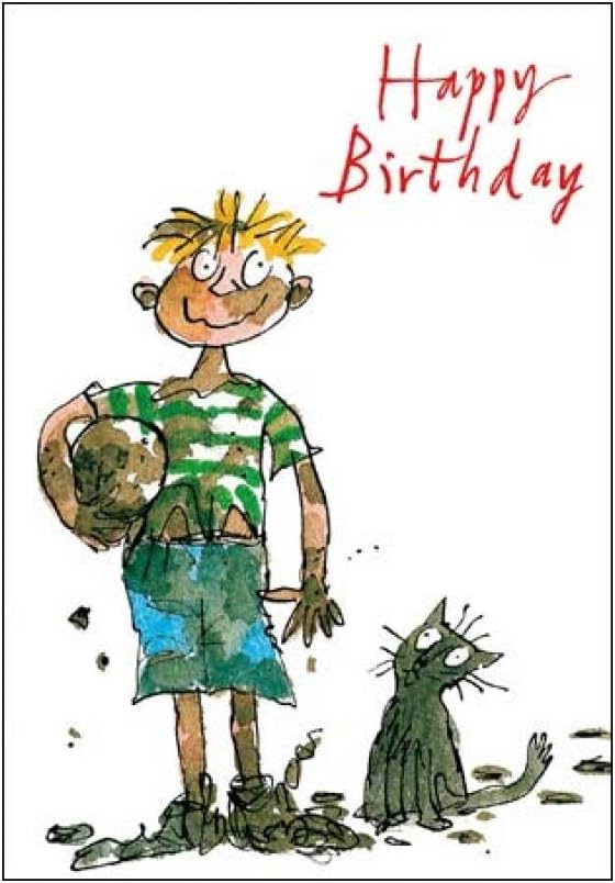 Woodmansterne Greeting card - Boy's birthday - Muddy boy with football by Quentin Blake