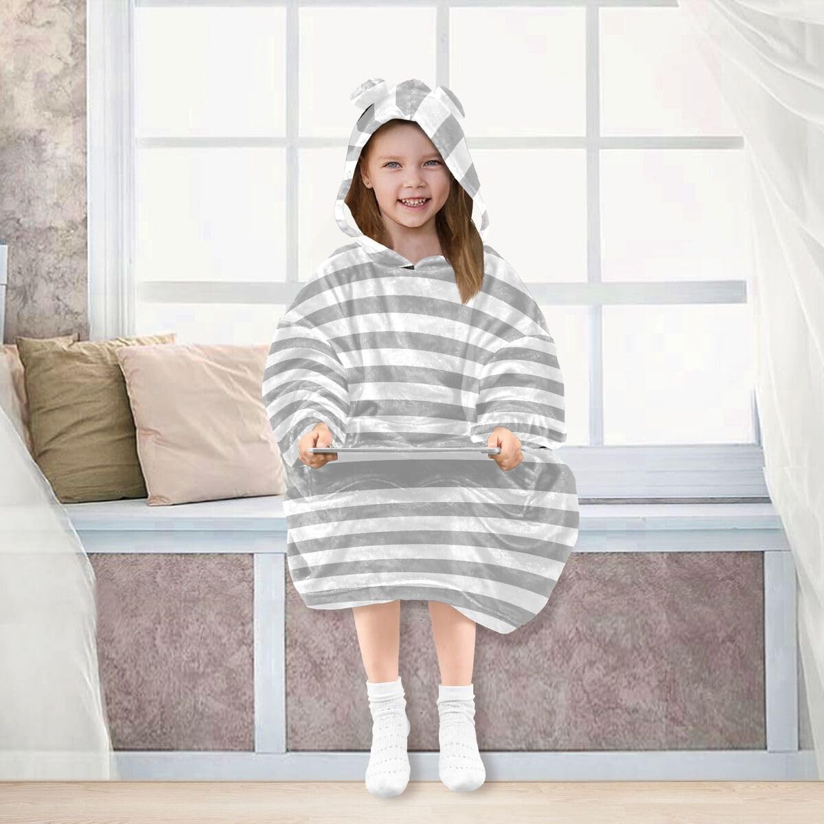 Gray Line Dziecięcy koc do noszenia z kapturem oversize bluza koc sweter w paski dla chłopców i dziewcząt w wieku 3-14 lat, multi, 150-170