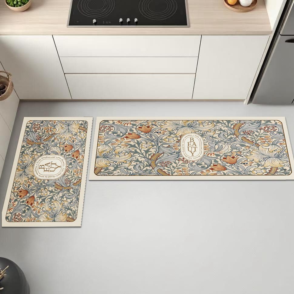 Image of HomeCloud Rubber Kitchen Mats for Floor Set of 2 Pcs|Non-Skid, Soft Absorbent Rugs for Kitchen, Laundry, and Hallway|120x40cm, 40x60cm| 4mm Thickness (Beige Beauty)
