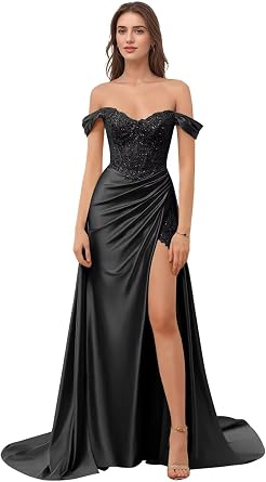 Lace Appliques Mermaid Satin Prom Dress for Women 2026 Off Shoulder Long Formal Evening Gown with Slit