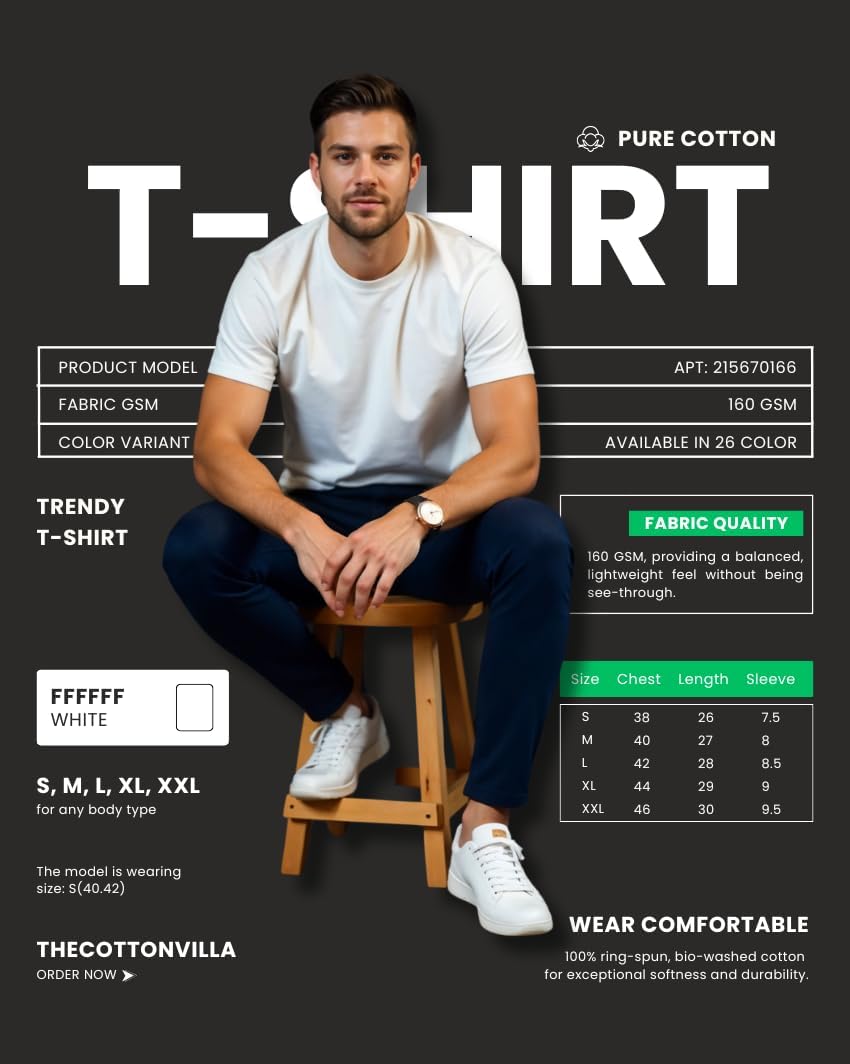 Men’s Tshirts - 100% Cotton Crew Neck T-Shirt, Soft Slim Fit Plain Short Sleeve Tee, Breathable Casual Undershirt - Image 4