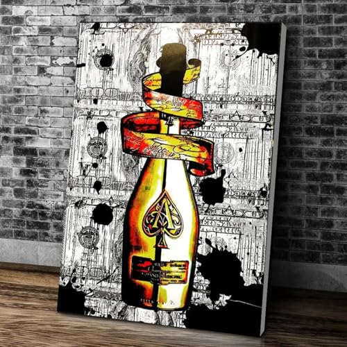 Peinture murale bouteille de champagne style street art sur toile de qualité avec cadre interne