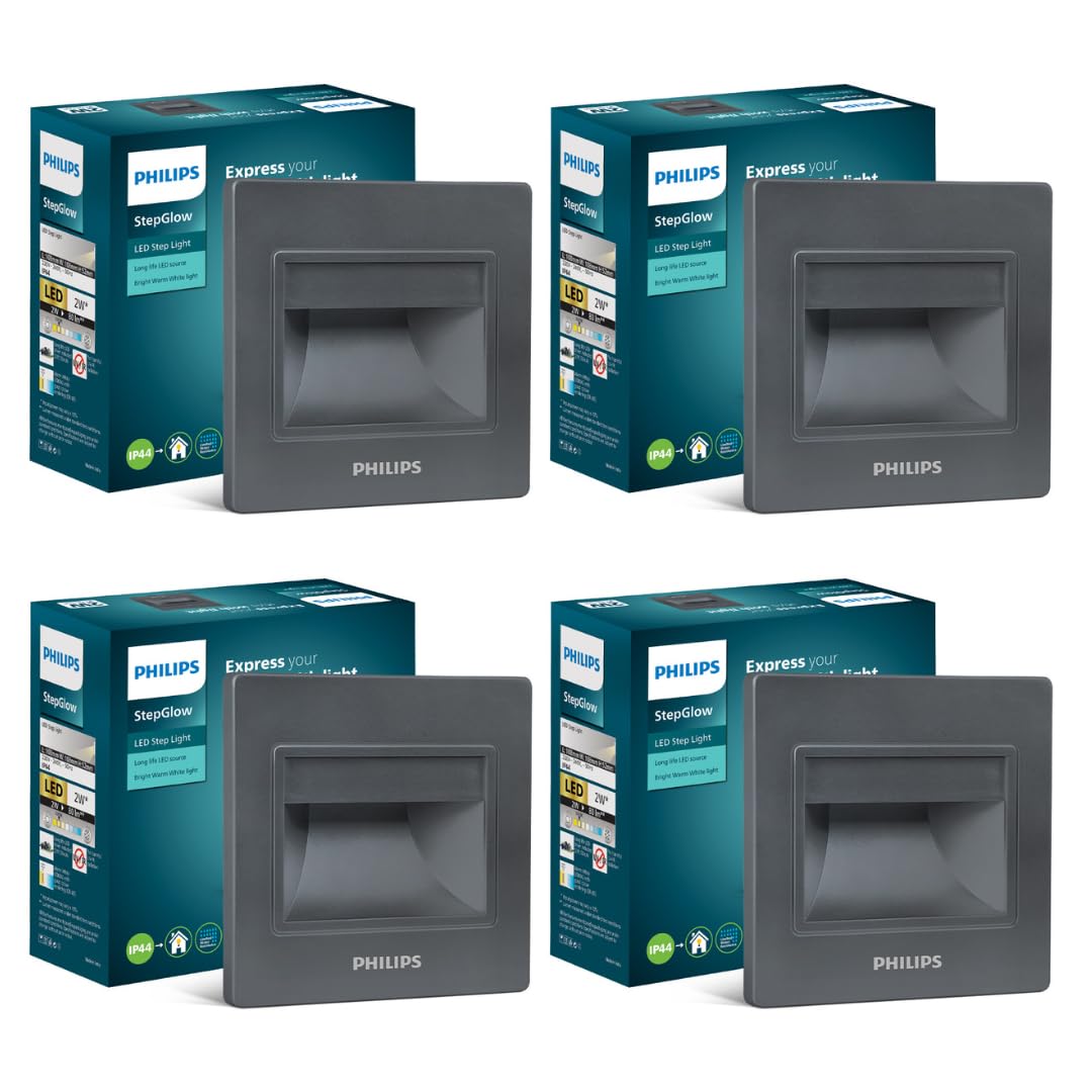 PHILIPS 2W Decorative LED Step Light | StepGlow Surface Mounted Anthracite Outdoor LED Stair Light | Warm White, Pack of 4, ABS