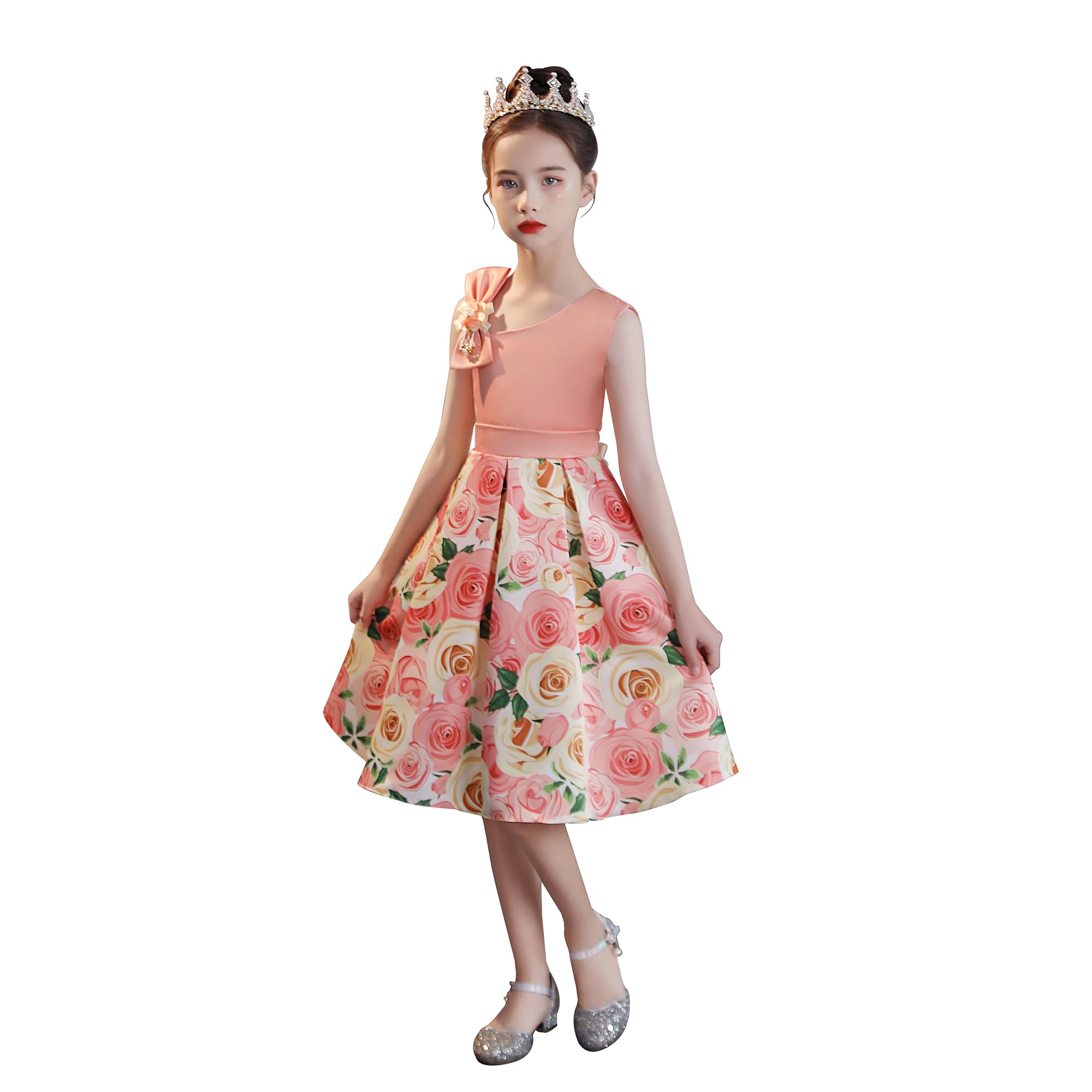 Cichic Girls Party & Flower Girl Wedding Dress - Elegant Kids Formal Dress (5-6 Years, Peach Pink)