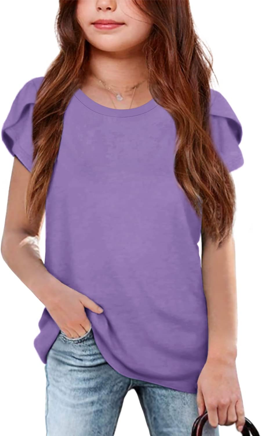 Girls' Summer T Shirts Crewneck Petal Short Sleeve Cute Casual Tops